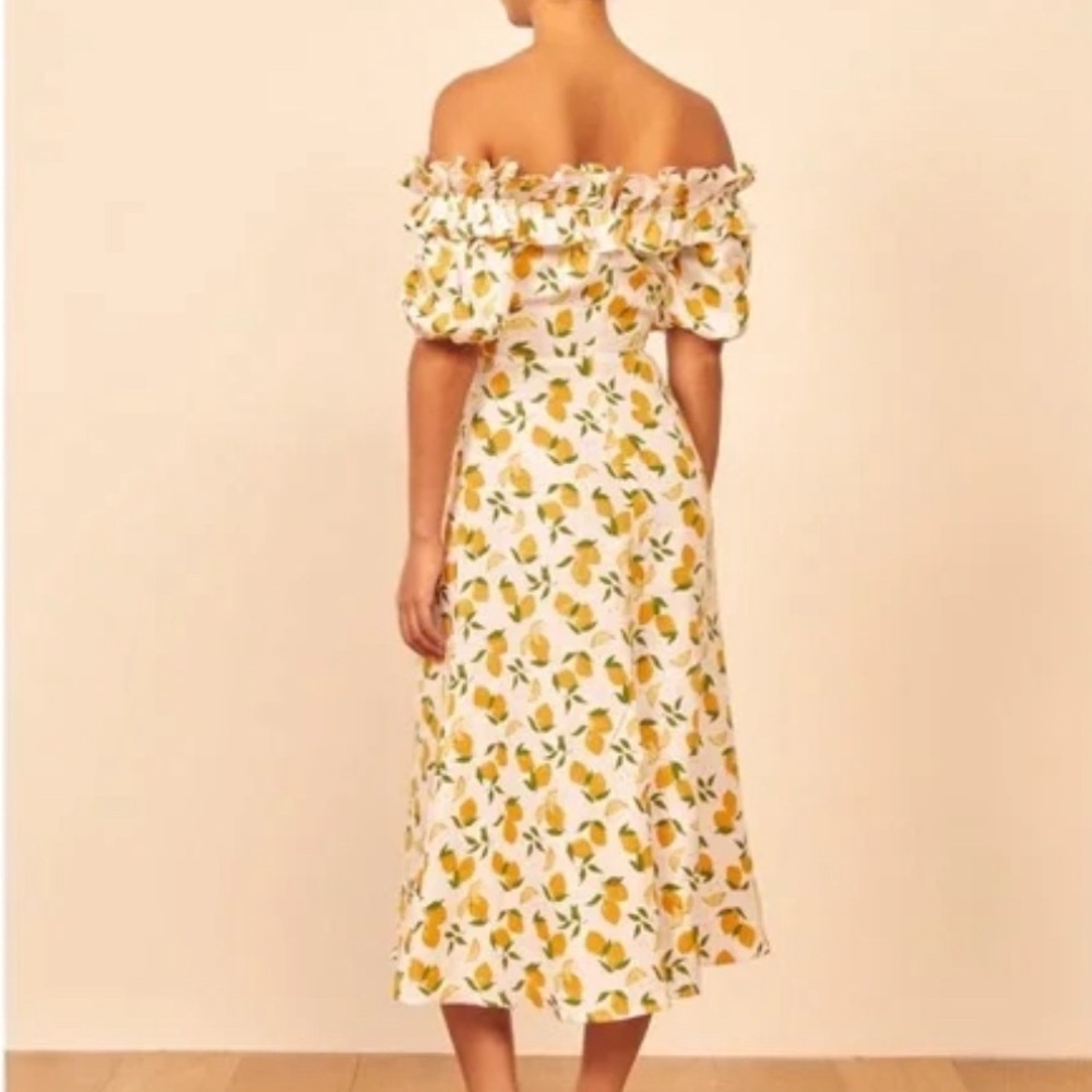 Reformation Marley 100% Linen Off The Shoulder Lemon Print Midi Dress Size 4 - Picture 2 of 8